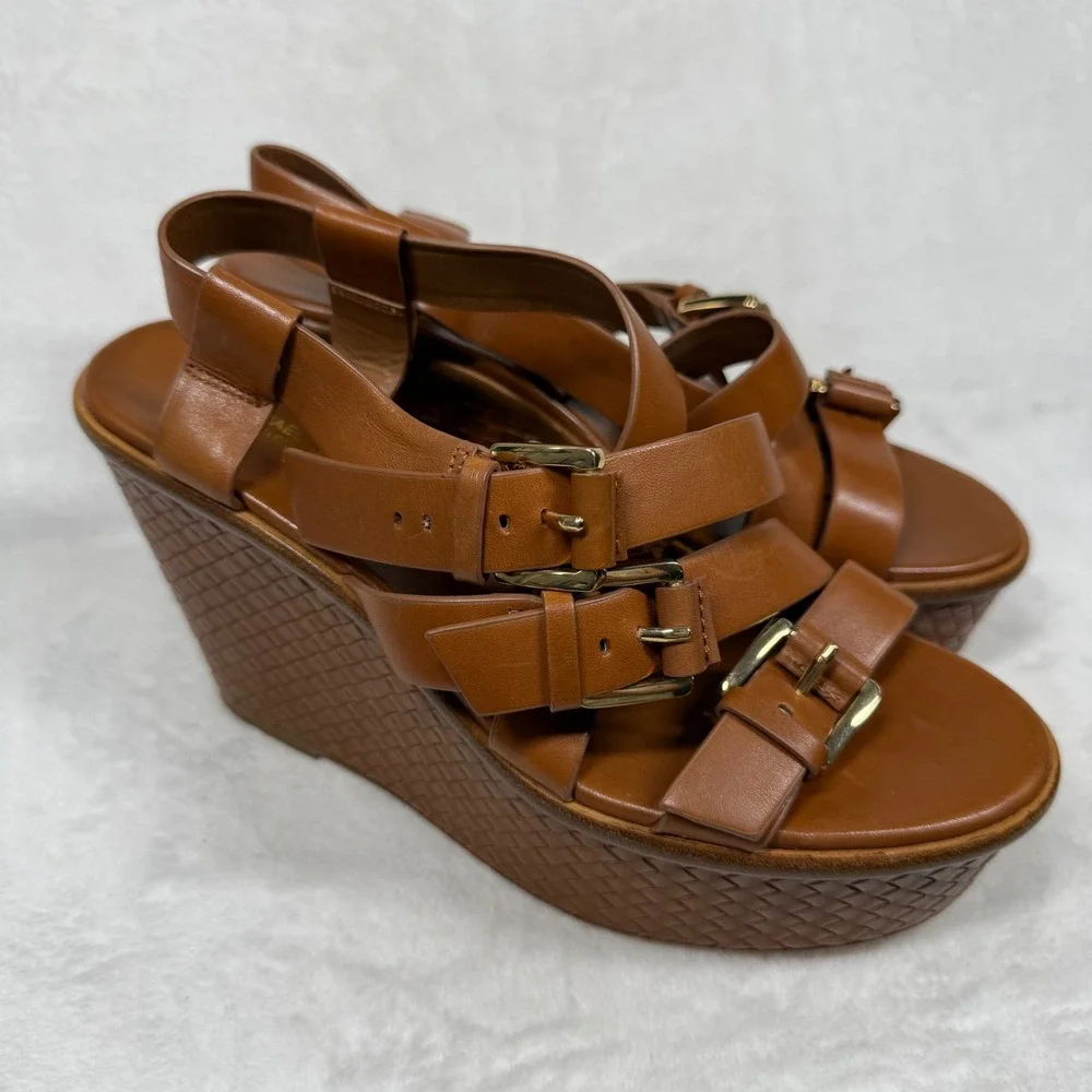 Michael‎ Kors Collection Tan Leather Woven Platform Wedge Sandals 38.5/8